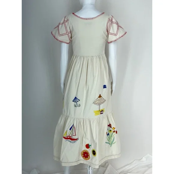 Hunter Bell Embroidered Midi Dress Cream Fruit Sailboat Beach Scene Size 0